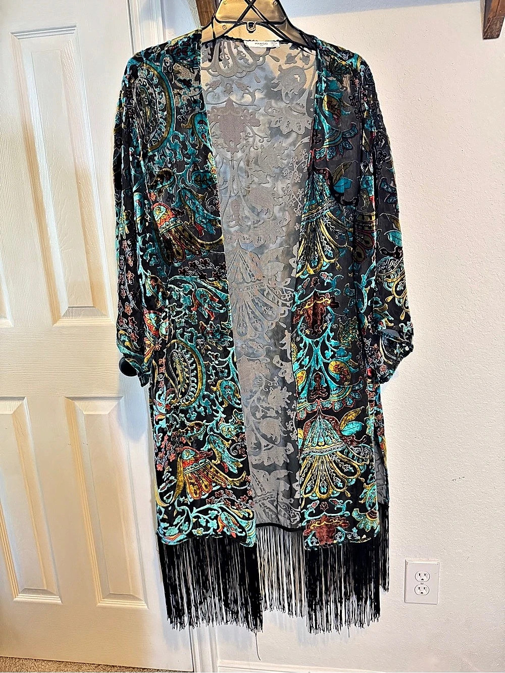 Mango Silk Blend Fringed Caftan/Wraps/Cardigan multi colored 45” L